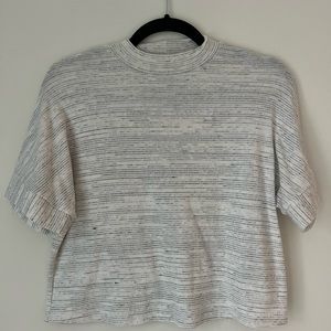 Black and white striped mock neck top